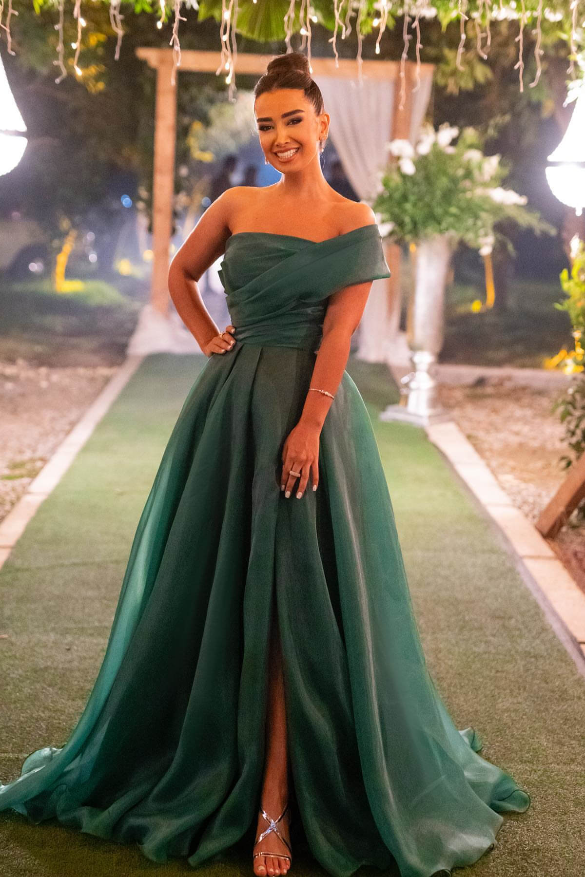 Long A line Strapless One Shoulder Bowknot Prom Dress With Front Split