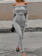 Long Sleeves Skinny Pleated Solid Color Split-Joint Off-The-Shoulder Evening Dresses Maxi Dresses