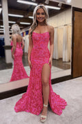 Strapless Sequins Lace Mermaid Prom Dresses with Slit