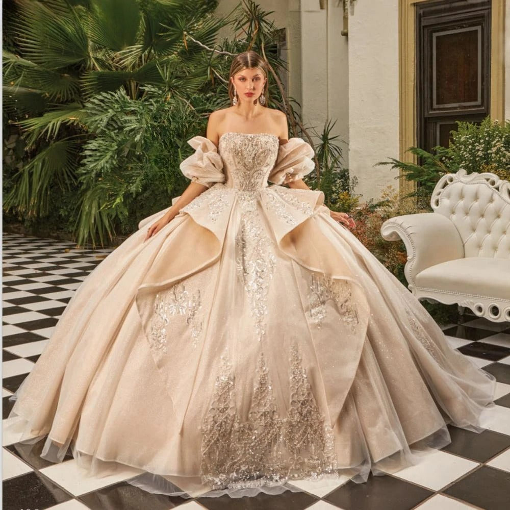 Exquisite Sequins Beads Quinceanrra Prom Dresses Glitter Lace Appliques Detachable Sleeves Ball Gown Sweet 16 Dress Vestidos
