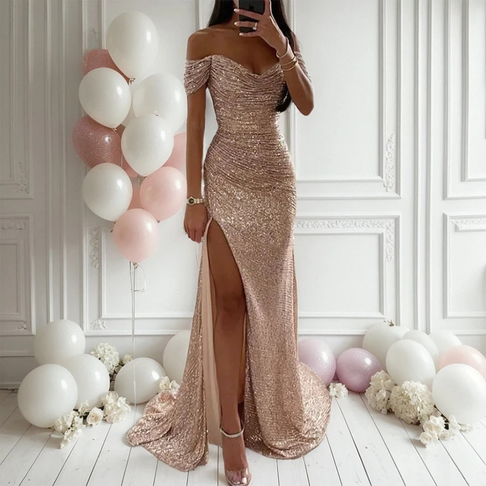 Women Mermaid Maxi Evening Dresses 2026 Elegant Off-Shoulder Sequin Split Formal High Waist Prom Dresses For Party Customized