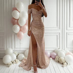 Women Mermaid Maxi Evening Dresses 2026 Elegant Off-Shoulder Sequin Split Formal High Waist Prom Dresses For Party Customized