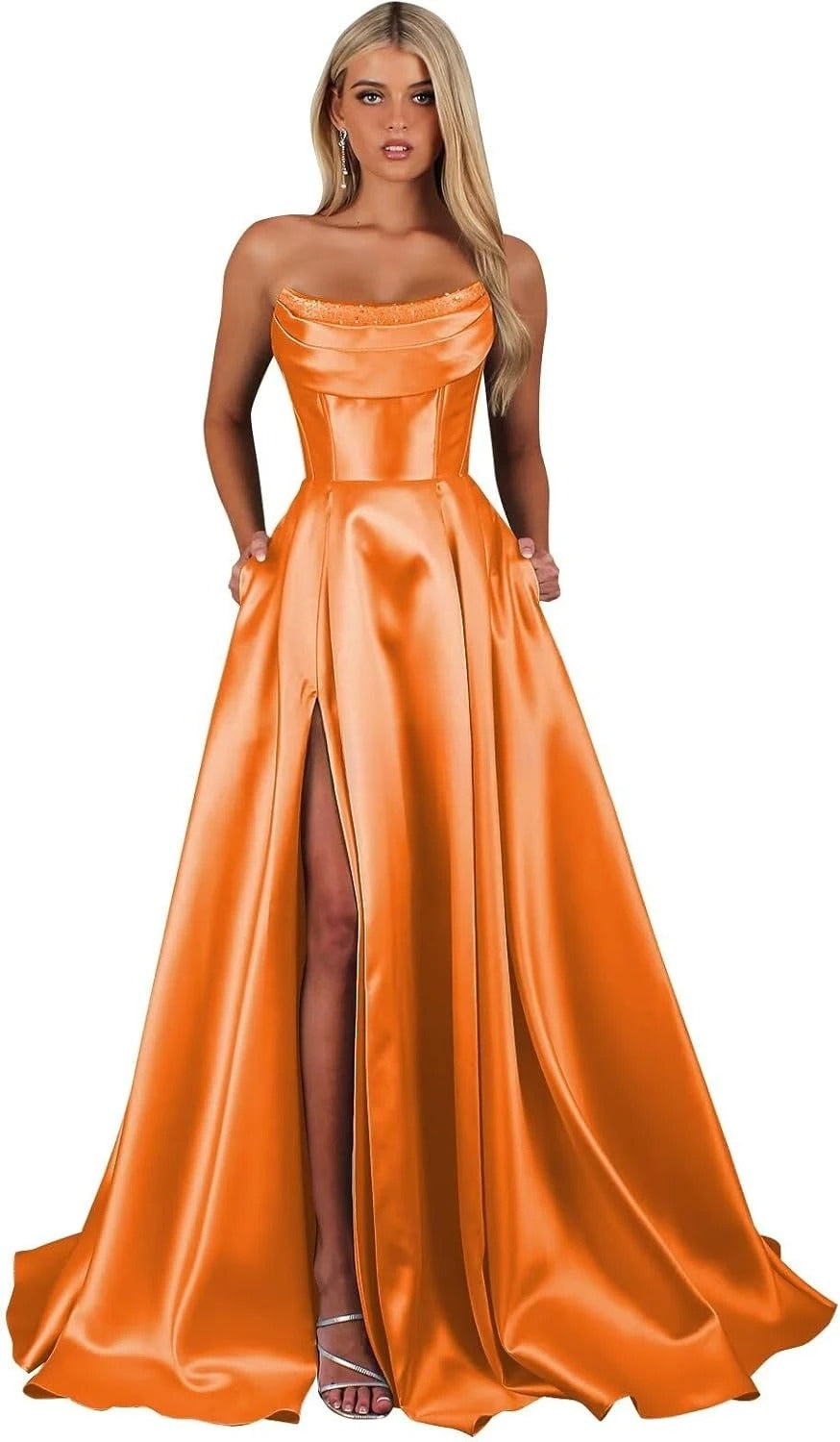 Strapless Corset Prom Dresses for Women with Slit Long Satin Formal Evening Gowns with Pockets Elegant Sleeveless Party Dress