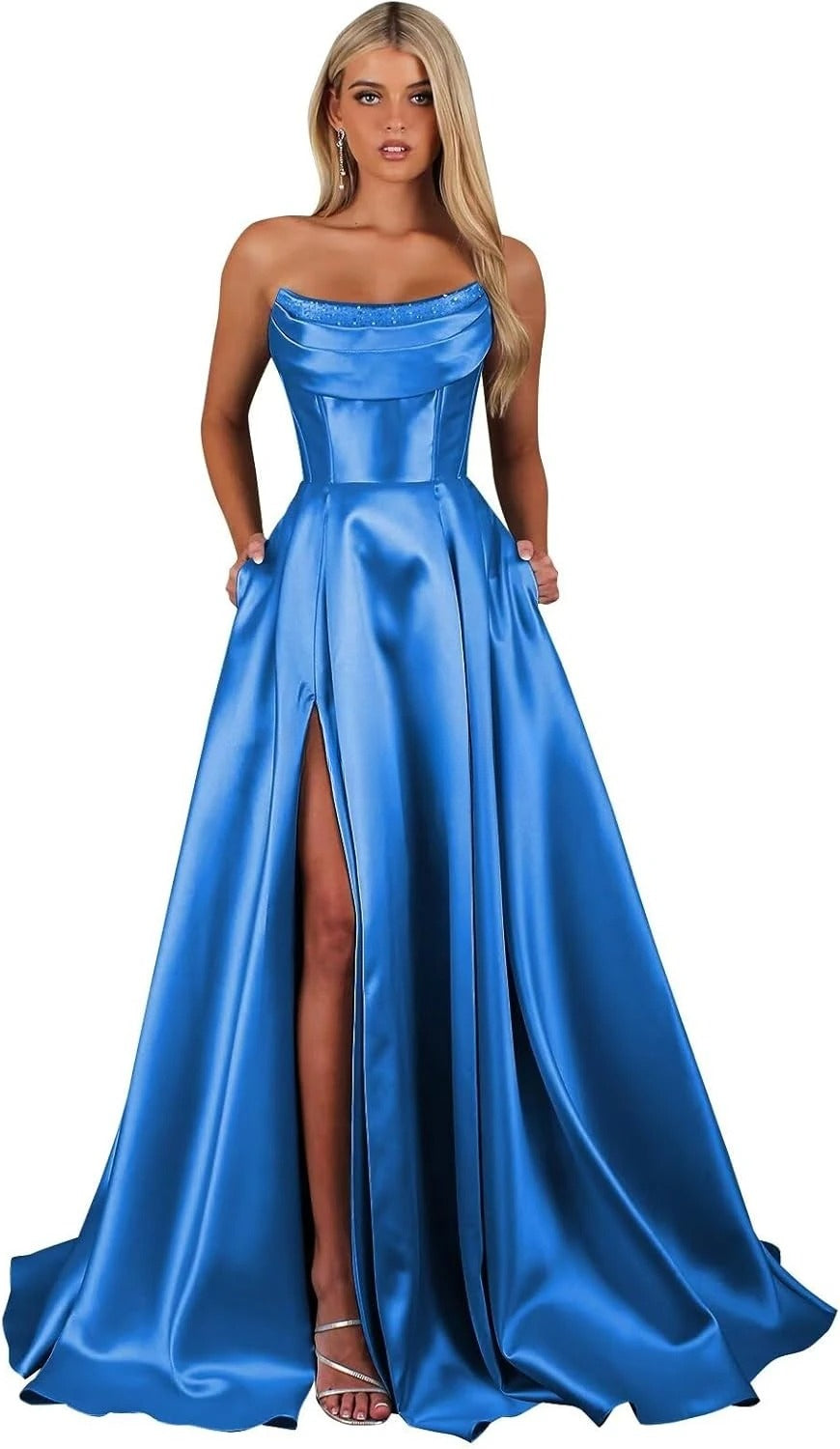 Strapless Corset Prom Dresses for Women with Slit Long Satin Formal Evening Gowns with Pockets Elegant Sleeveless Party Dress