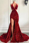 Split Front Red Halter V-Ncek Sequin Floor Length Mermaid Prom Dress