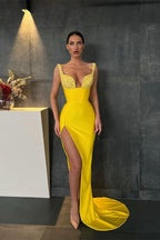 Sweetheart Yellow Mermaid Prom Dress with Slit and Beads