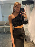 Satin Mermaid One Shoulder Two Pieces Set Black Long Prom Dress