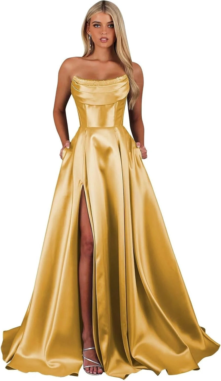 Strapless Corset Prom Dresses for Women with Slit Long Satin Formal Evening Gowns with Pockets Elegant Sleeveless Party Dress