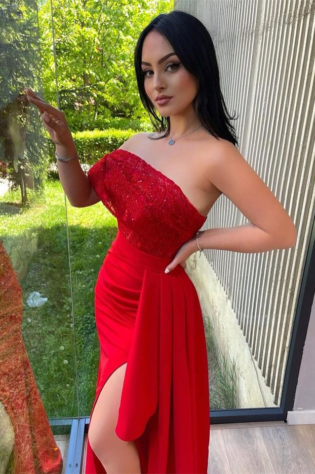 Split Front One Shoulder Mermaid Gown with Sequins and Lace Appliques