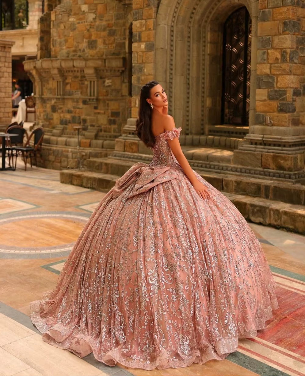 Elegant Off Shoulder Applique Quinceanera Dress 2025 Charming Short Sleeve Party Dress Shiny 3D Flower Party Gown 16 Customized
