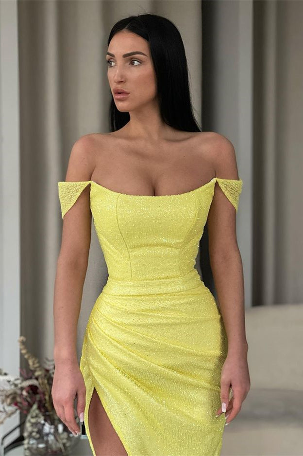 Mermaid Sequined Off-The-Shoulder Long Prom Dress with Split
