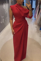 Single Tonight Ruched Irregular Neck One Half Sleeve Formal Maxi Dress