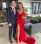 Red Long Mermaid V-neck Backless Evening Prom Dress with Slit