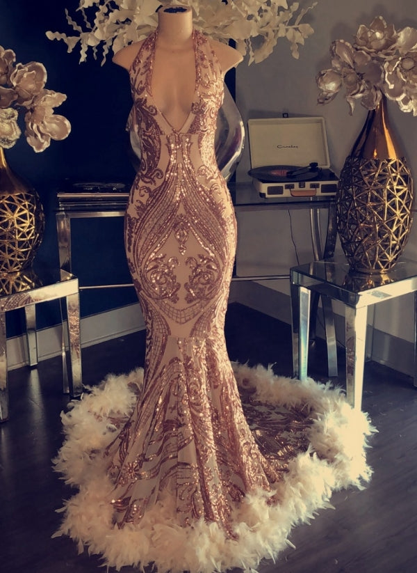 Mermaid Halter Open Back and Feather Detail Long Prom Dress