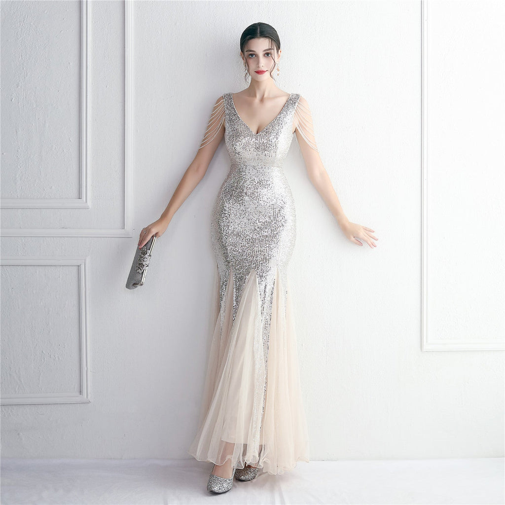 Sequin Mesh Craft Beaded Party Dress: Elegant Long Cocktail Slim Fit Evening Dress