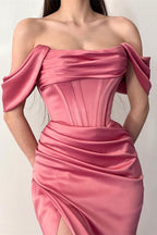 Off The Shoulder Mermaid Prom Dress with Elegant Pleats and Daring Split