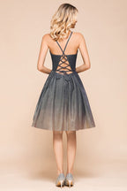 Elagant Spaghetti Straps Bronzing Knee Length Evening Party Dress Deep V-Neck Backless Prom Dress with Pocket