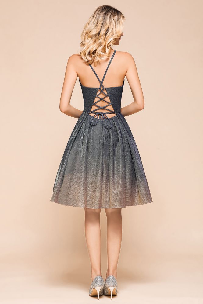 Elagant Spaghetti Straps Bronzing Knee Length Evening Party Dress Deep V-Neck Backless Prom Dress with Pocket