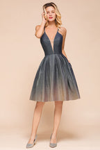 Elagant Spaghetti Straps Bronzing Knee Length Evening Party Dress Deep V-Neck Backless Prom Dress with Pocket
