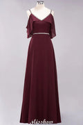 elegant A-line Chiffon V-Neck Spaghetti Straps Sleeveless Floor-Length Bridesmaid Dresses with Beading