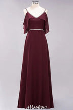 elegant A-line Chiffon V-Neck Spaghetti Straps Sleeveless Floor-Length Bridesmaid Dresses with Beading