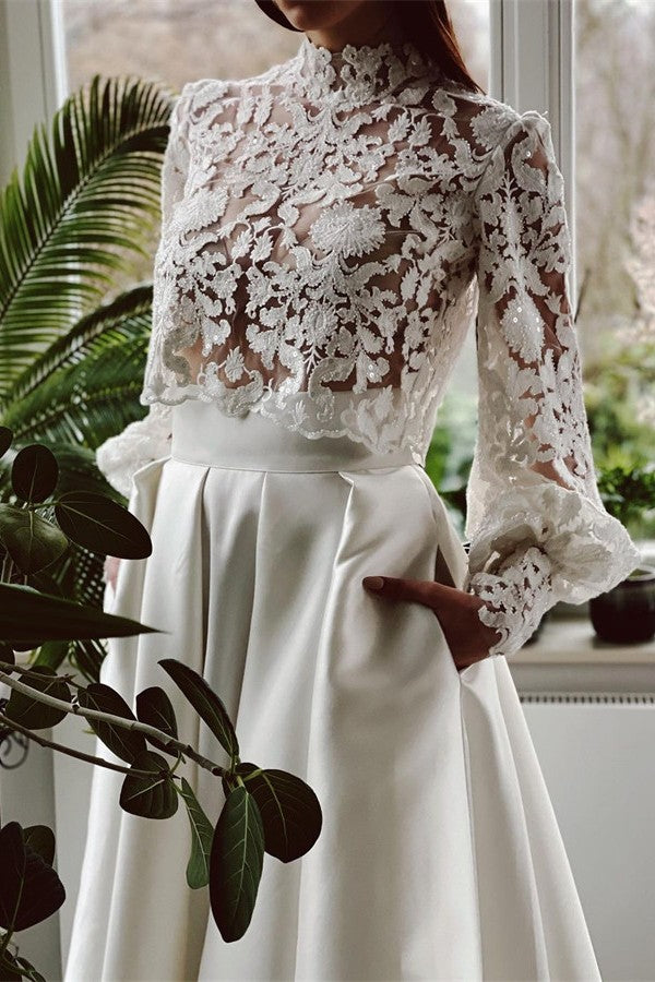 Elegant A-line High Neck Satin Lace Long Sleeves Wedding Dress with Pockets
