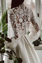 Elegant A-line High Neck Satin Lace Long Sleeves Wedding Dress with Pockets