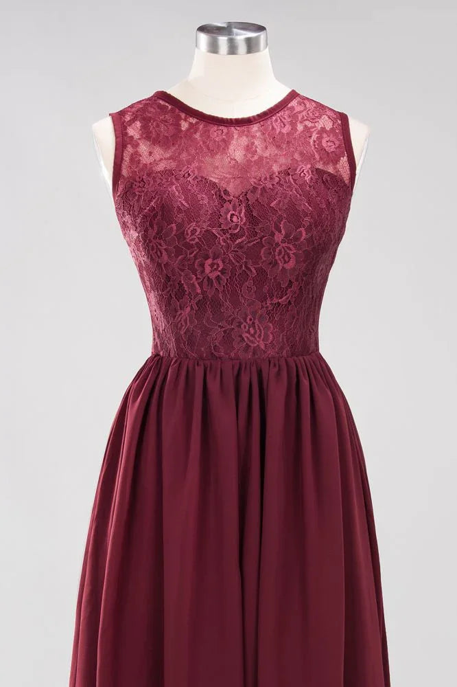 Elegant A-line Lace Sleeveless Bridesmaid Dresses Chiffon Jewel Ruffles Floor-Length Evening Dress with Appliques
