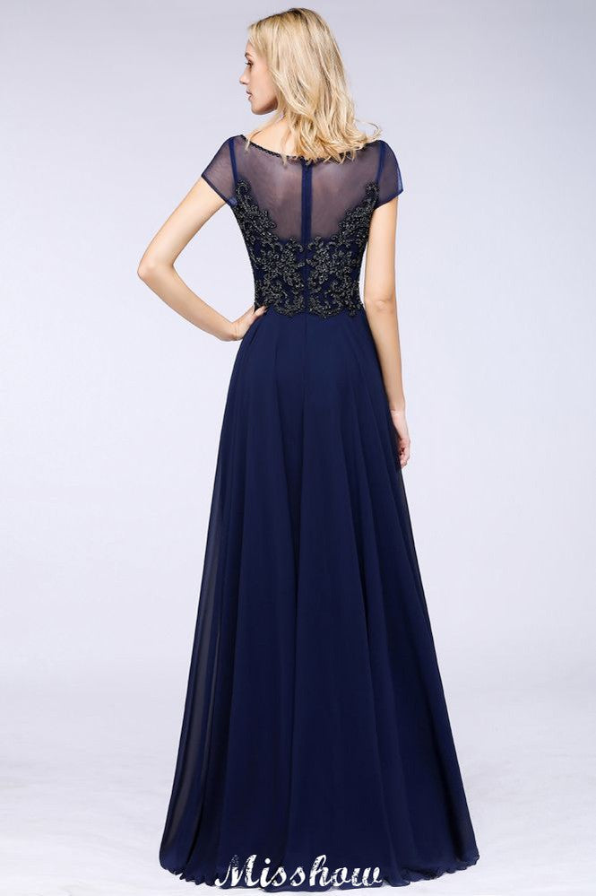 Elegant A-Line Short Sleeve Appliques Beads Bridesmaid Dresses Floor-Length Evening Dress