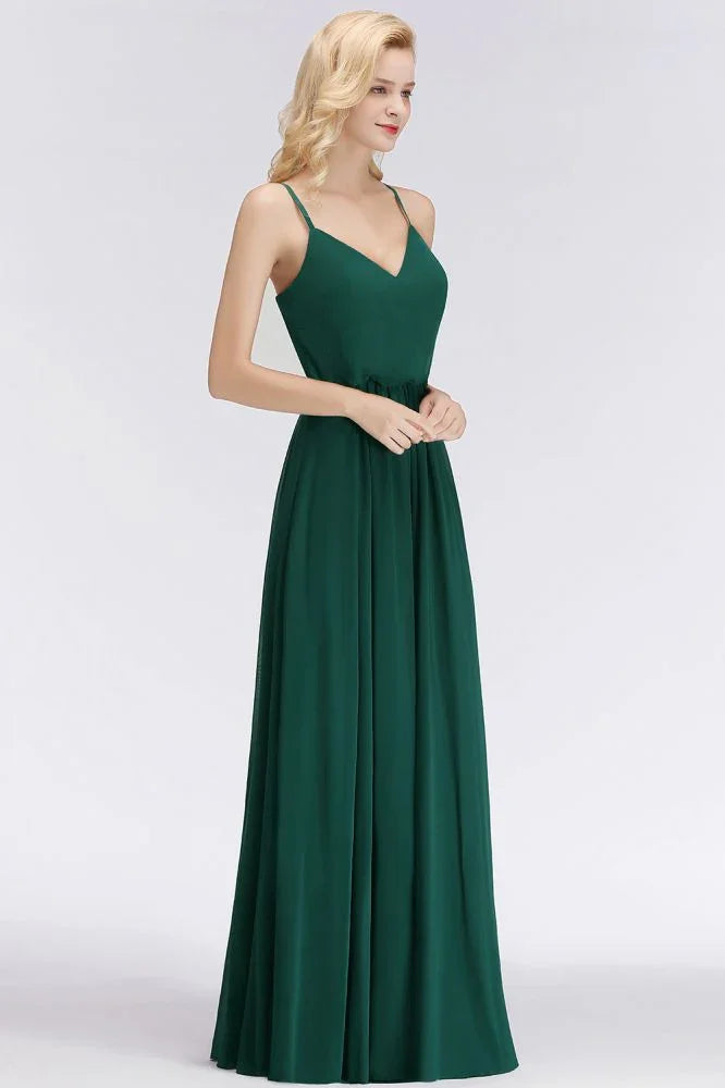 Elegant A-line Spaghetti Chiffon Bridesmaid Dresses V-neck Evening Maxi Gown