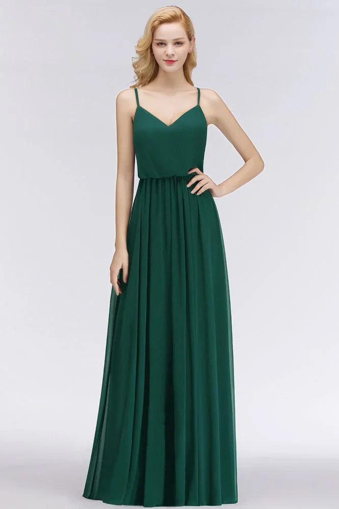 Elegant A-line Spaghetti Chiffon Bridesmaid Dresses V-neck Evening Maxi Gown