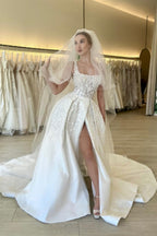 Elegant A-line Straps Flowers Sleeveless Lace Wedding Dress With Slit