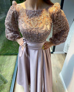 Elegant A-line Stretch Satin Front Slit Prom Dress with Sleeves