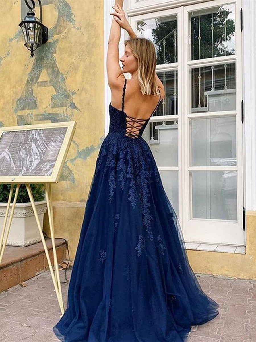 Elegant A Line V Neck Backless Lace Long Prom Dresses Dark Navy Formal Evening Gowns