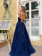 Elegant A Line V Neck Backless Lace Long Prom Dresses Dark Navy Formal Evening Gowns