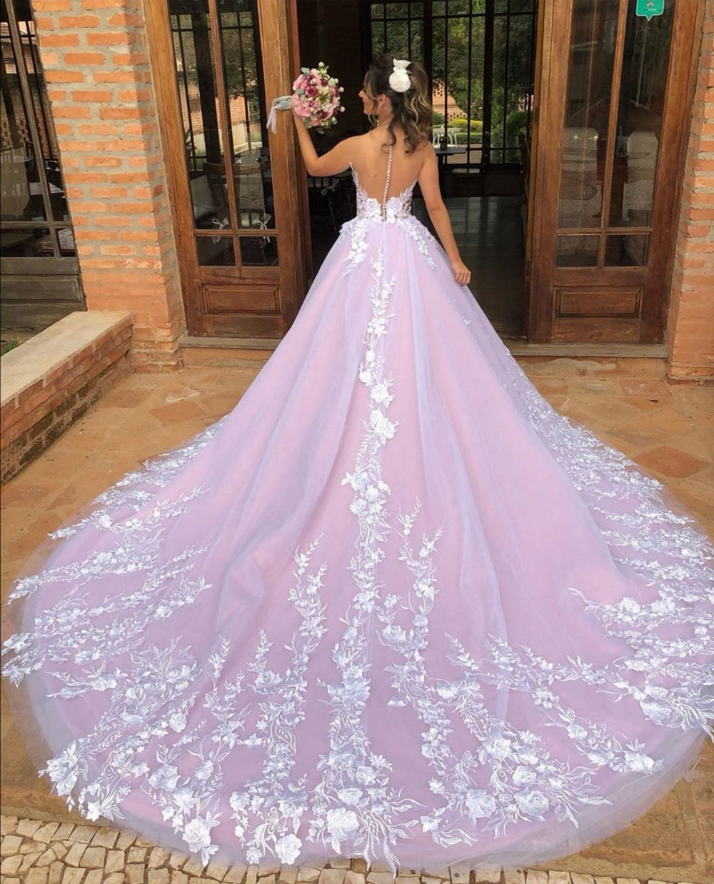 Elegant A-line V Neck Lace Open Back Long Prom Formal Evening Dresses