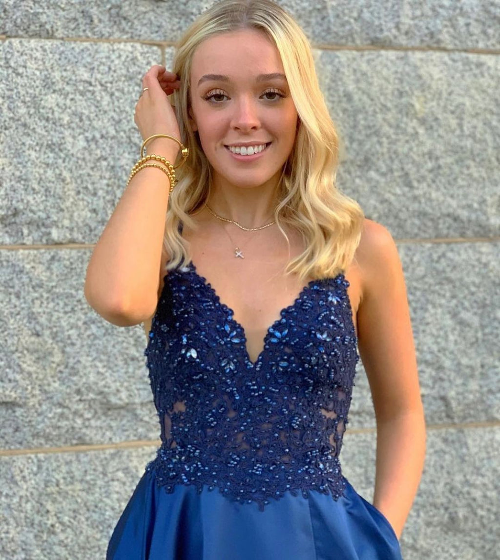 Elegant A-line V-neck Spaghetti Straps Satin Front Slit Prom Dress With Pockets