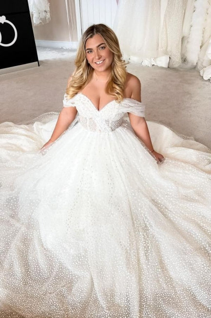 Elegant A-line White Off-the-Shoulder Pearls Sleeveless Wedding Dress