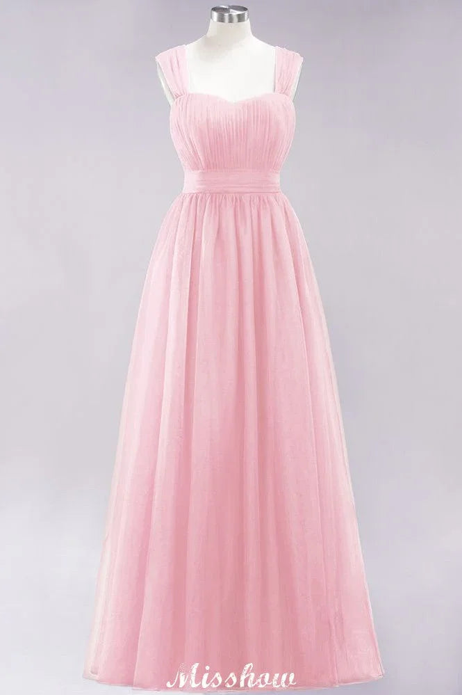 Elegant aline Sleeveless Tulle Evening Maxi Gown Burgundy Straps Bridesmaid Dress
