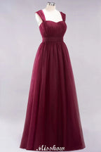 Elegant aline Sleeveless Tulle Evening Maxi Gown Burgundy Straps Bridesmaid Dress