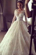 Elegant Ball Gown Lace Long Wedding Dress with Long Illusion Sleeves