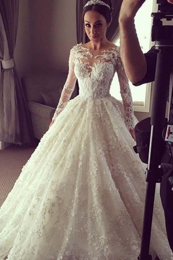 Elegant Ball Gown Lace Long Wedding Dress with Long Illusion Sleeves