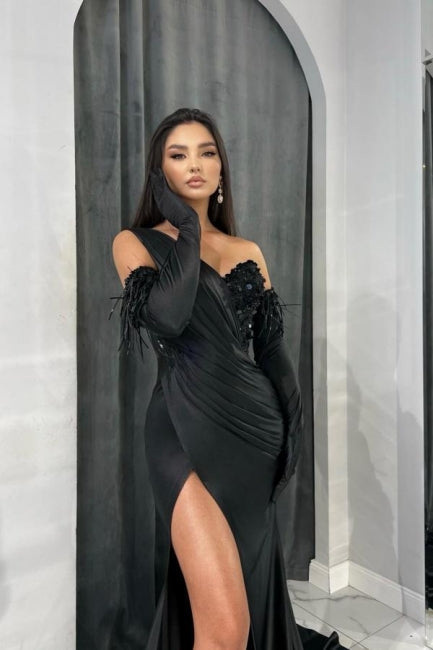 Elegant Black Long Mermaid One Shoulder Sequined Prom Dresses With Slit