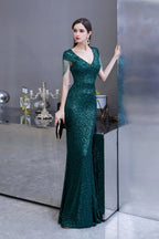 Elegant Cap Sleeve Green Sequins Long Prom Dress