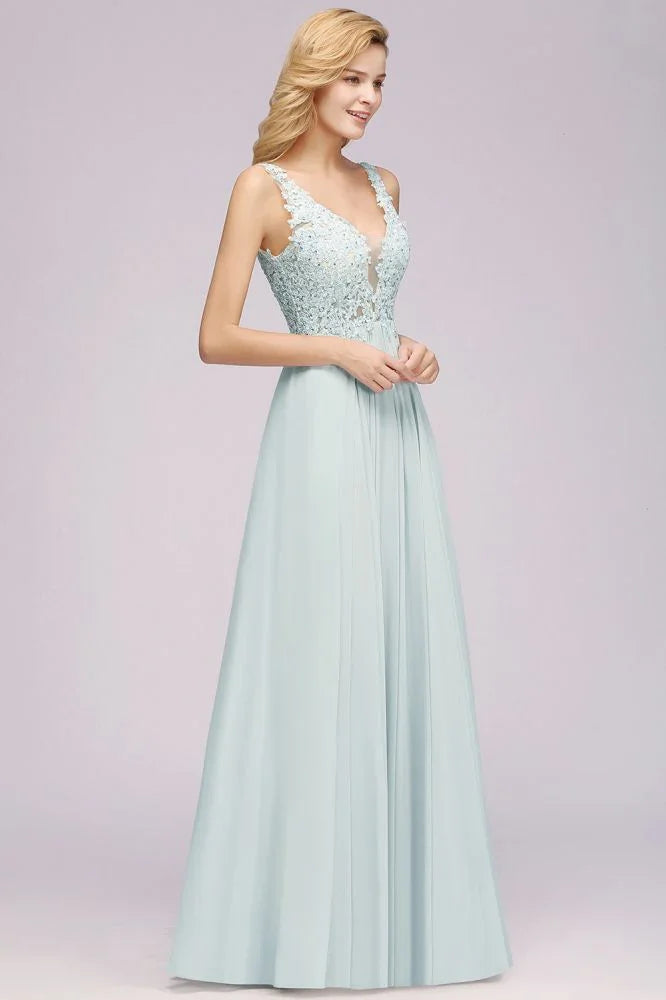 Elegant Chiffon Lace V-Neck Sleeveless Floor-Length A-Line Bridesmaid Dress with Beadings