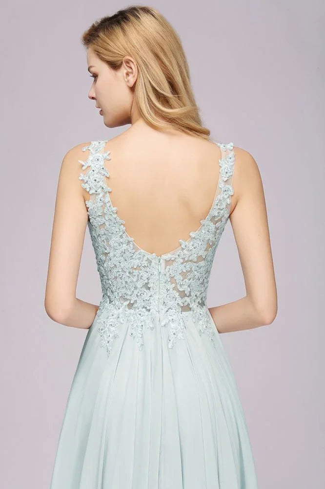 Elegant Chiffon Lace V-Neck Sleeveless Floor-Length A-Line Bridesmaid Dress with Beadings