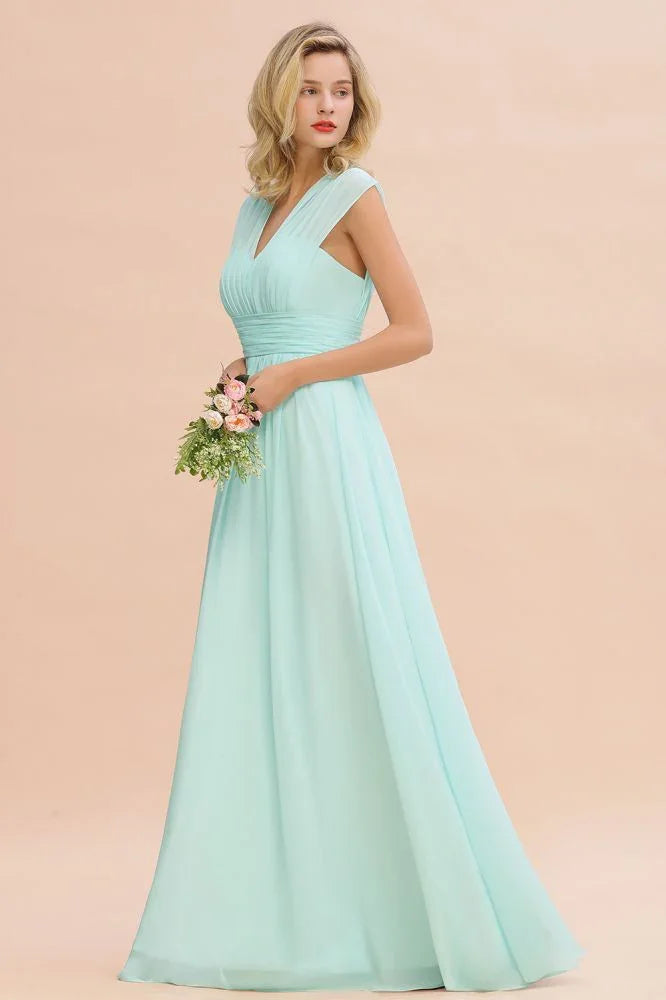 Elegant Chiffon V-Neck Sleeveless Floor-Length A-line Bridesmaid Dress with Ruffles