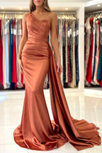 Elegant Coral One-shoulder Sleeveless Mermaid Floor-Length Satin Prom Dresses with Ruffles