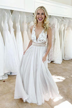Elegant Criss Cross Deep V-Neck Wedding Dress with Waistband