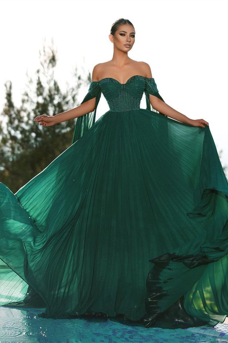 Elegant Dark Green Off-the-shoulder Sequined A-line Prom Dress